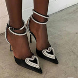 Satin Heart Shape Rhinestone Double Ankle Straps Stiletto Dress Shoes