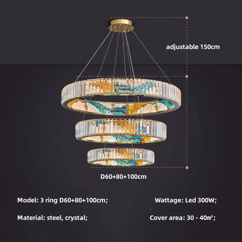 Luxury polished steel pendant chandelier with stained-glass ring and dimmable LED rings