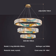 Luxury polished steel pendant chandelier with stained-glass ring and dimmable LED rings