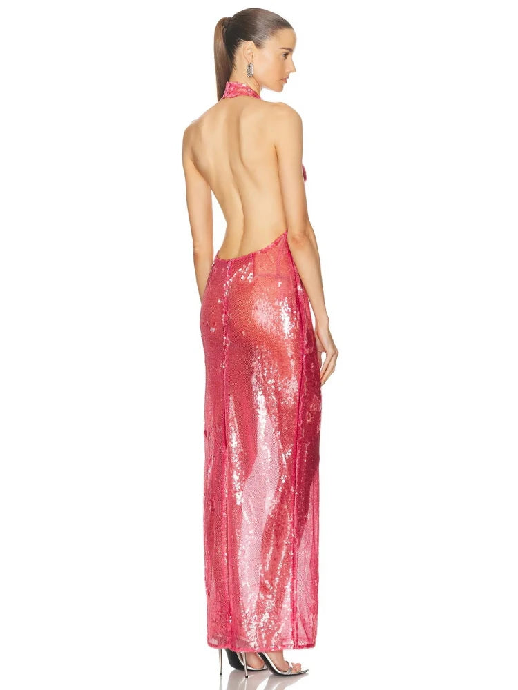 Soft glam pink evening dress with fluid drape and sparkle