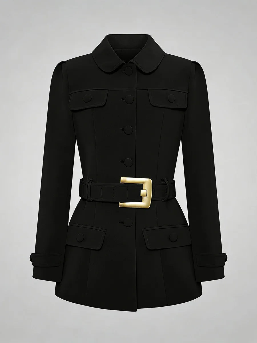 Black coat with a gold belt on a gray background
