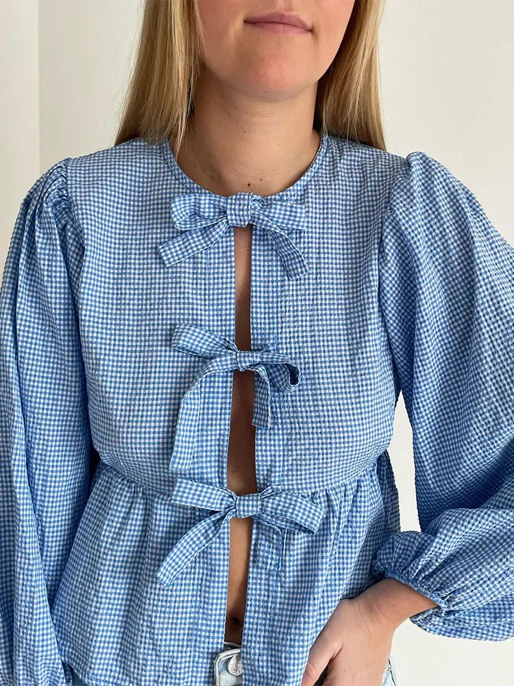 Women Plaid Bow Lace Up Puff Sleeved Round Neck Short Top