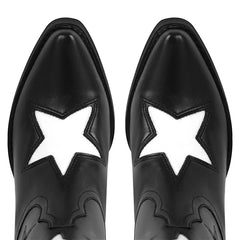 Close-up of the pointed toe of black cowboy boots with white star detail.