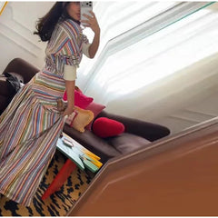 Multicolor Striped Button Shirt and Maxi Skirt Set