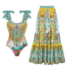 Yellow Print Ruffle Strap Swimwear Set