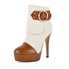 Platform stiletto ankle boots with canvas and brown leather panels and a gold buckle detail.