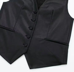 Black PU Vest Sleeveless Waistcoat Chic V-Neck Autumn Top - Golden Atelier