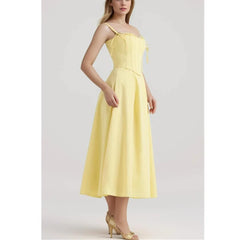 Solid Yellow Slit Strapless Midi Dress Cross Lacing up Top Set