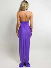 Halter Neck Ruched Flower Applique Maxi Dress