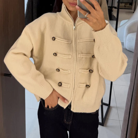 Creamy-white knit jacket with stand collar and double-breasted button detail