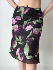 Floral print mesh midi skirt worn