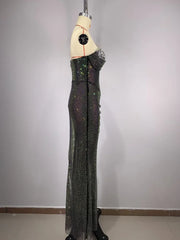 Strapless Crystal Diamonds Black Maxi Dress