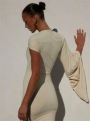 White One Shoulder Twisted Sleeve Midi Dress