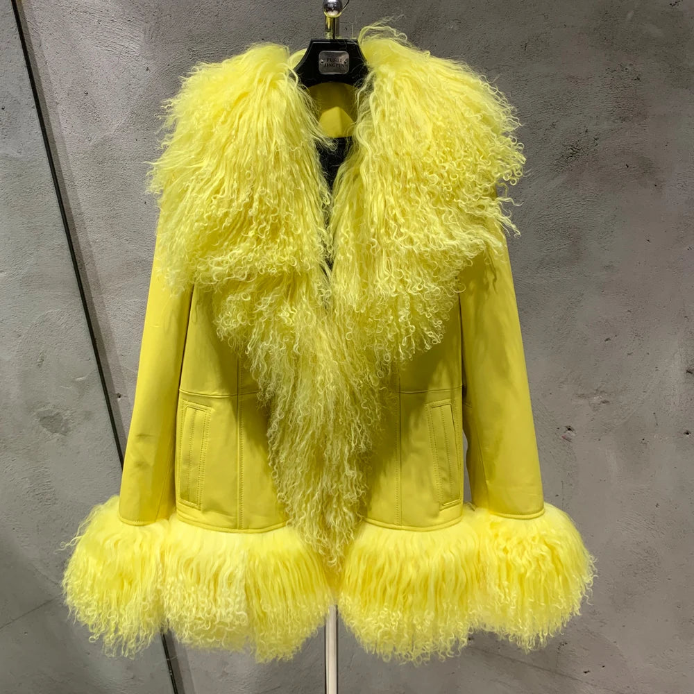 Yellow fur-trimmed coat on a mannequin against a gray background