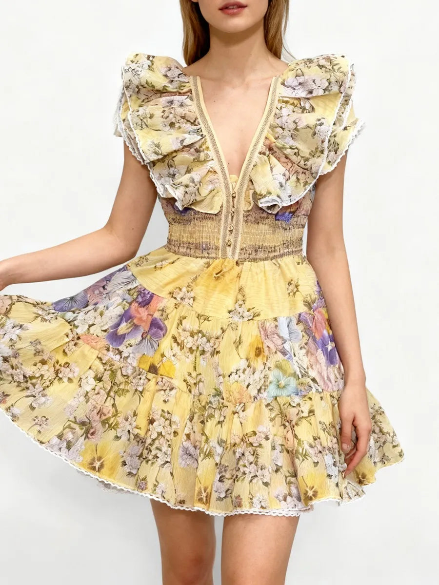 Ruffled V-neck sleeveless tiered mini dress with flowing skirt