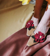 Red 3D Flower Low Heels Soft Mules Women's Pump Shoes