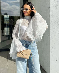 White Sheer Scarf Neck Frill Sleeve Top