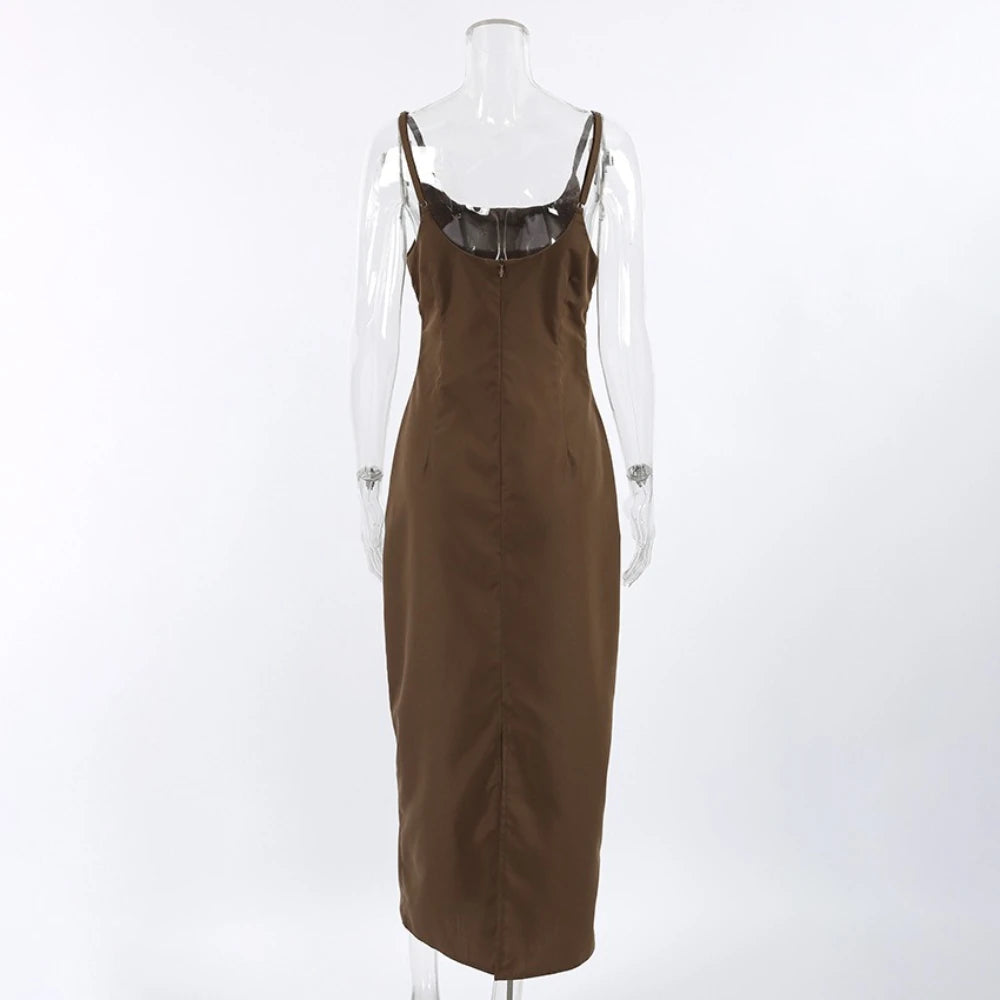 Brown slip dress on a mannequin 