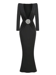 Deep V Neck Black Rhinestone Diamonds Floor Long Dress