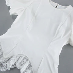 White Puff Sleeve Lace Trim Peplum Top