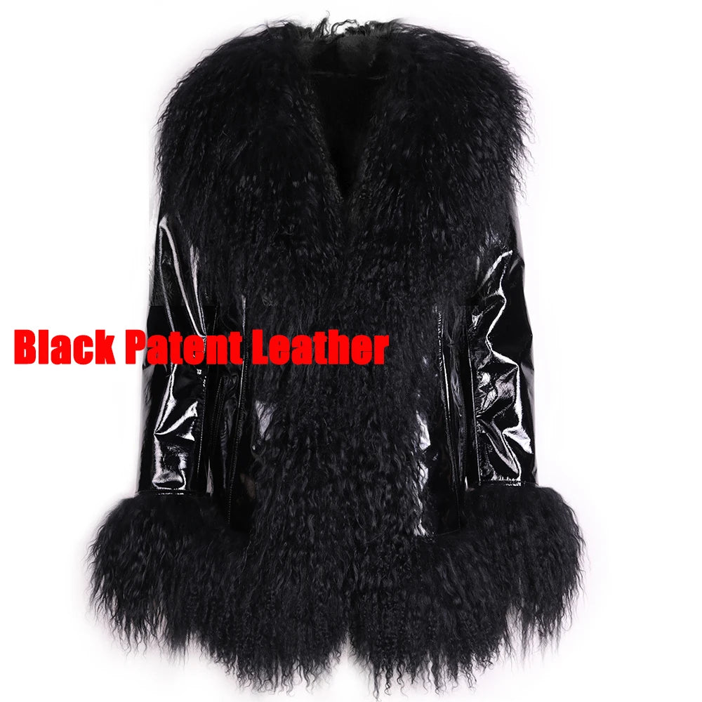 Black patent leather vest with fur trim 