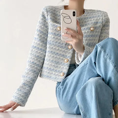 Tweed Cropped Jacket With Pearl Button