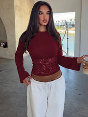 Lace Waist Trim Flare Sleeve Top