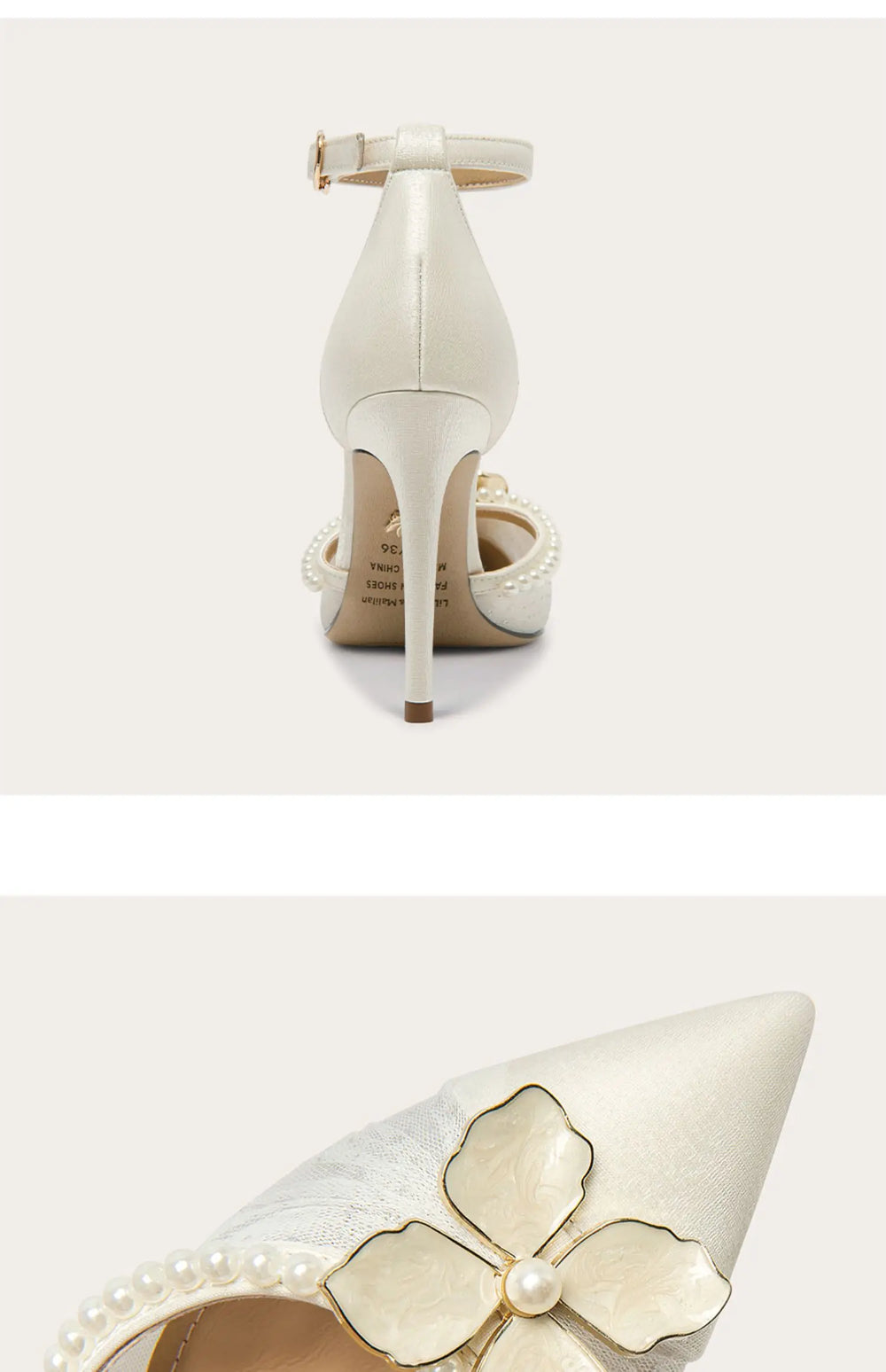 White high-heeled shoes with gold accents on a light gray background