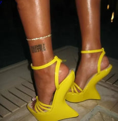 Yellow platform wedge ankle strap heels