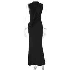 High Neck Draped Ruched Maxi Dress