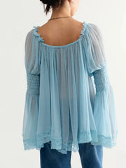 Sheer chiffon smocked cuff blouse - blue