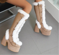 Zip Faux Fur Chunky High Heeled Boots