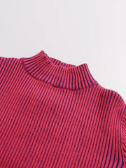 Close-up of a red ribbed top collar on a light grey background