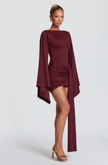 Draped Long Flare Sleeve Backless Bodycon Mini Dress