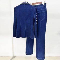 Beaded Denim Blazer and Wide Leg Jeans Suit