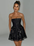 Strapless Black Off-shoulder Pleated Sequins Sparkle Mini Dress