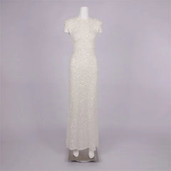 White Sequined Backless Gown Dress