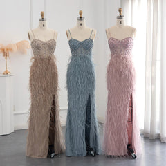 Feathers Spaghetti Straps Side Slit Prom Dress