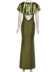 Tiered Shawl Neck Olive Green Maxi Dress