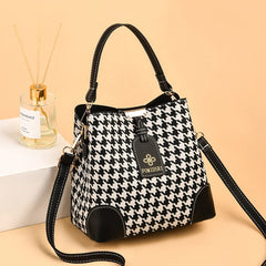 Houndstooth / Leopard Pattern PU Leather Bucket Cross Body Bag