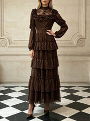 Brown ruffle lace maxi dress with long sleeves