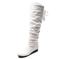 Close-up of a Golden Atelier pleated leather knee-high boot, highlighting the intricate pleating and low heel. 2 White