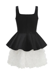 Black Satin Top And White 3D Floral Mini Skirt Three Piece Set