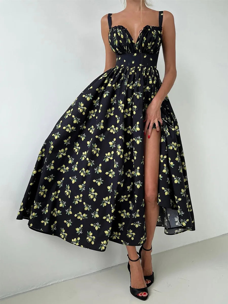 Black floral dress with a high slit on a white background