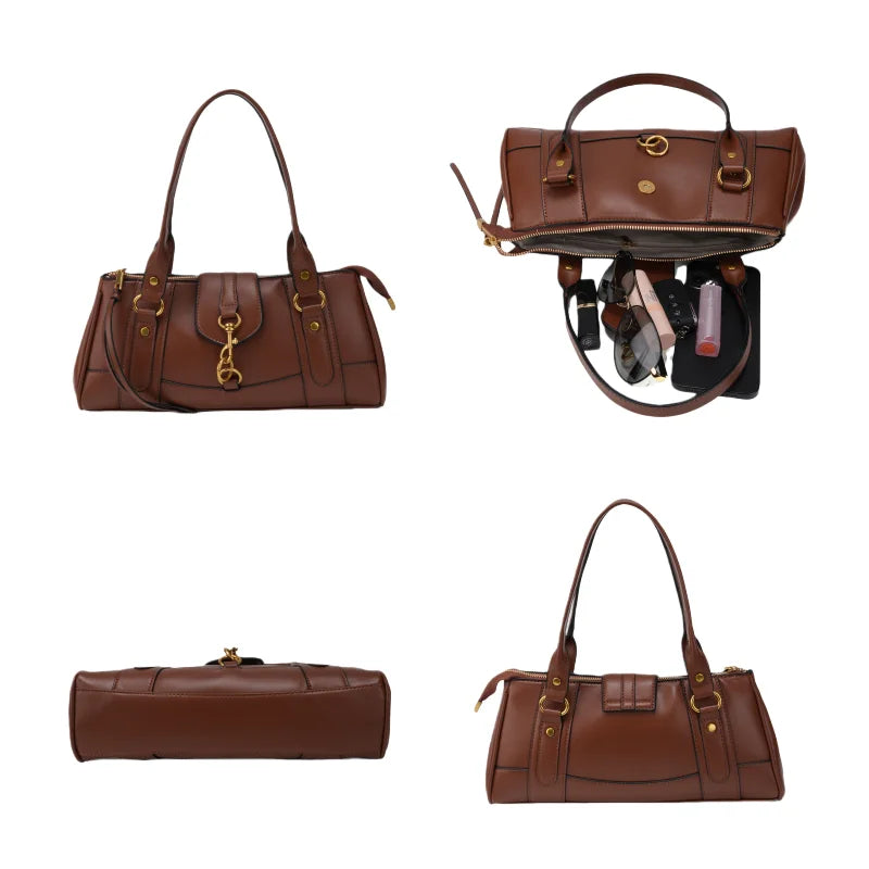 Collage of brown PU leather tote bag views, including interior