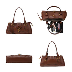 Collage of brown PU leather tote bag views, including interior