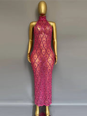 Sheer Rhinestone High Neck Tank Maxi Dress