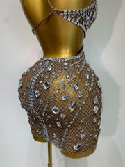Crystal One Shoulder Mesh Bodycon Mini Dress