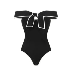 Off-the-Shoulder Bow Swimsuit with Contrast Trim Two-Piece Set