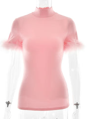 Mock Neck Feather Trim Sleeve Top